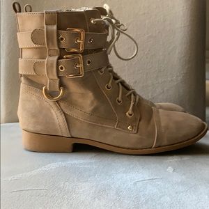 Tan faux suede combat booties